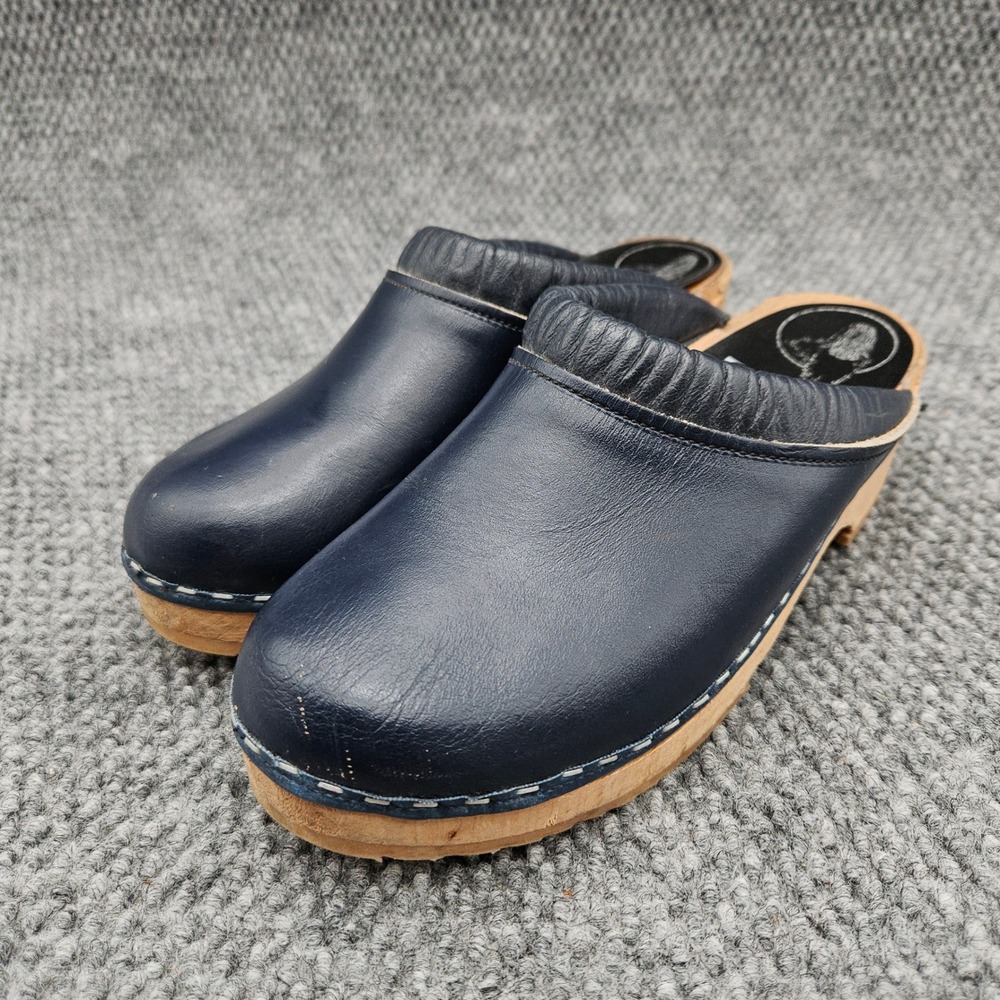 Trolls (Women's 36) Navy Blue Leather Wooden Clog Mules Made in Sweden Samhall